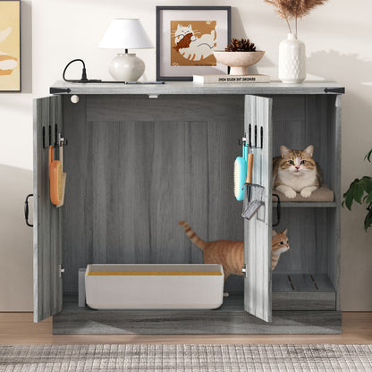 41" Cat Litter Box Cabinet with Power Outlet, Litter Catcher & Storage Shelves – Gray