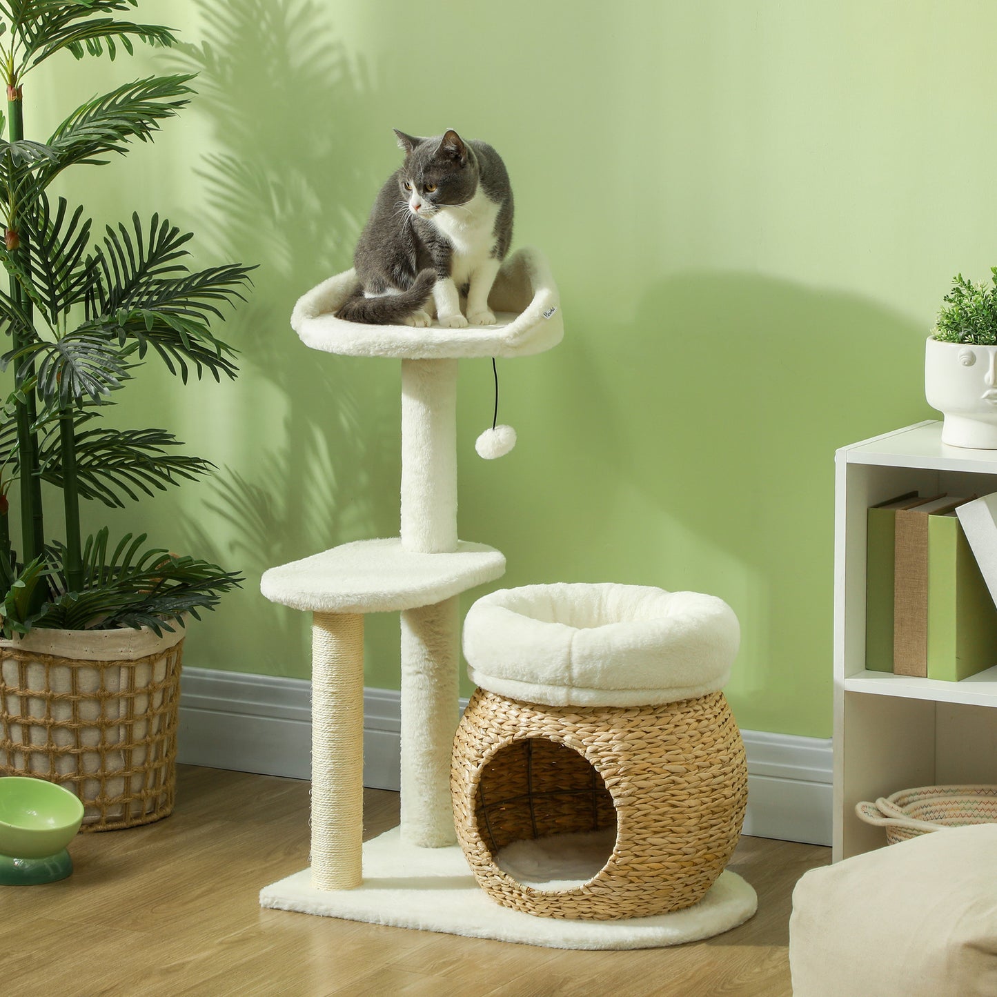 31" Indoor Cat Tree with Condo, Scratching Posts & Toy Ball – Cream White