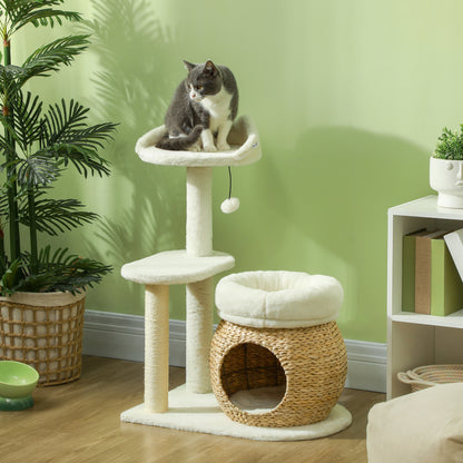 31" Indoor Cat Tree with Condo, Scratching Posts & Toy Ball – Cream White