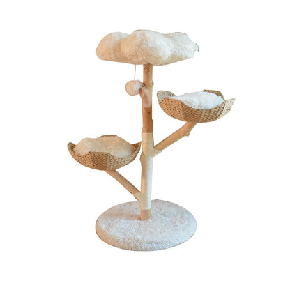 43" Solid Wood & Rattan Cat Tree with Double Cloud Nest – Natural Fruit Wood