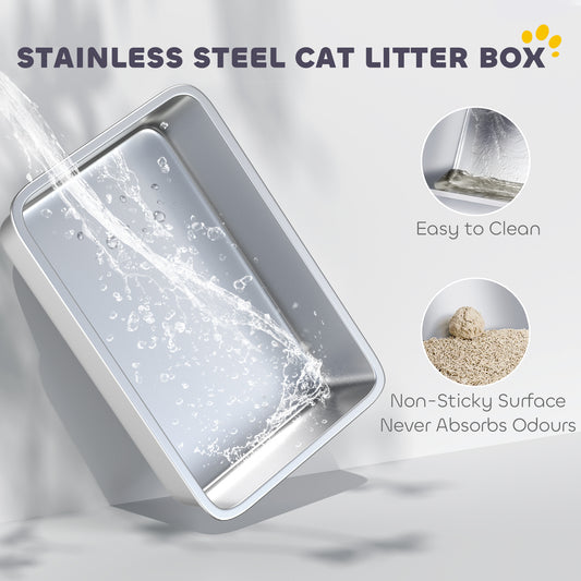 Stainless Steel Cat Litter Box with High Sides, Snap-Lock Lid & Scoop – Gray