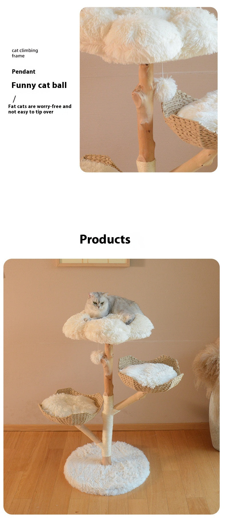 43" Solid Wood & Rattan Cat Tree with Double Cloud Nest – Natural Fruit Wood