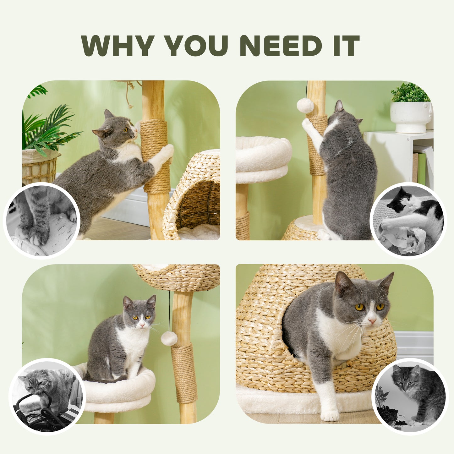 41" Indoor Cat Tree with Wooden Posts, Cat Condo & Toy Balls – Cream White
