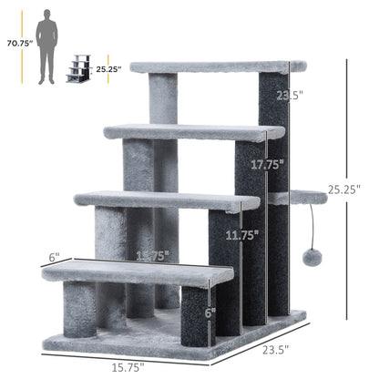 4-Step Cat Stairs Tower with Scratching Posts & Toy Ball – Light Gray & Black | PawHut