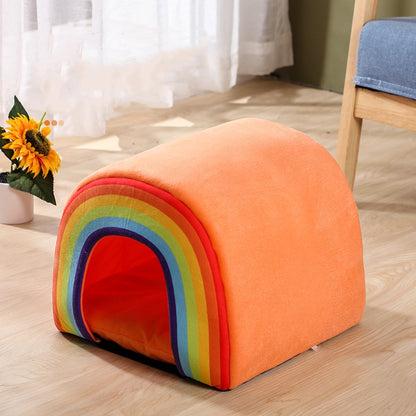 Cozy Enclosed Cat House with Rainbow Design – Four Seasons Universal | One Size