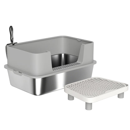 Stainless Steel Cat Litter Box with High Sides, Snap-Lock Lid & Scoop – Gray