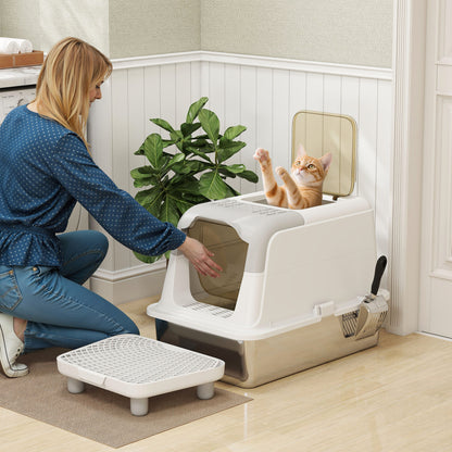 Extra Large Enclosed Stainless Steel Cat Litter Box with Top Exit, Scoop & Deodorizer - White